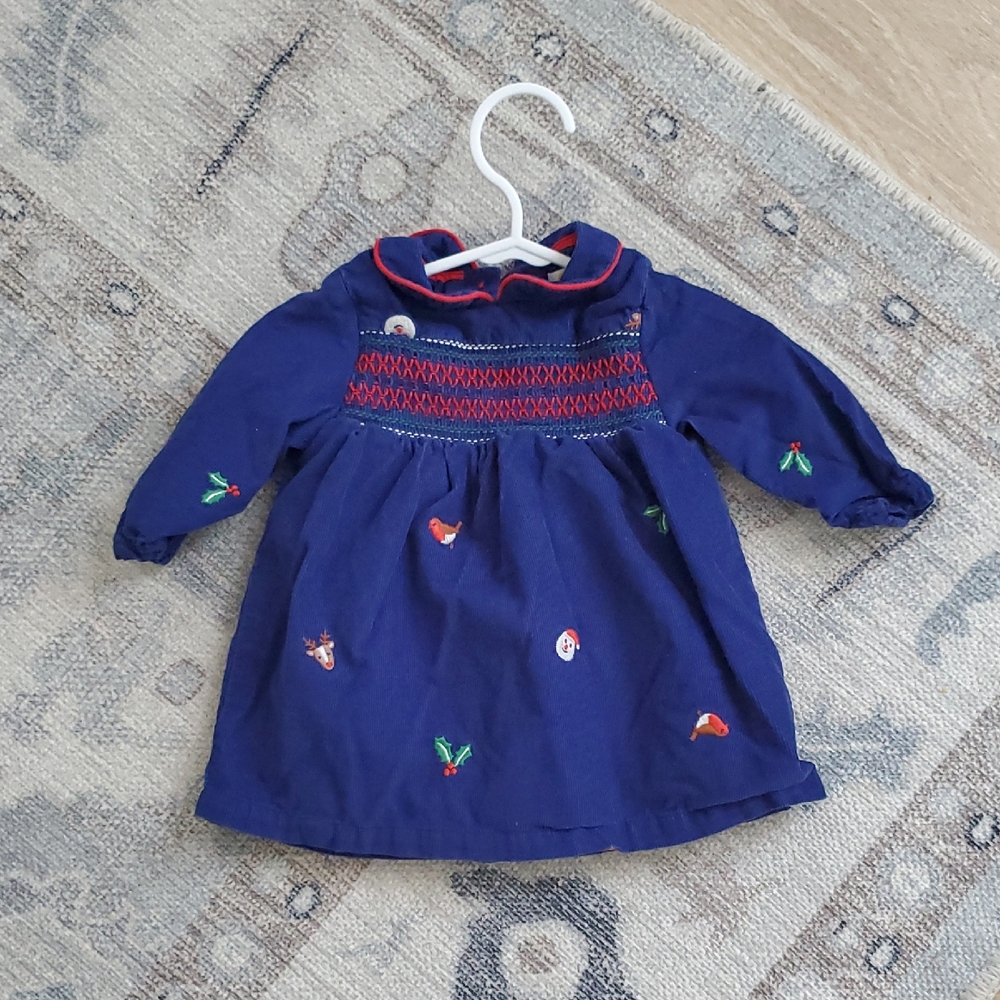 Baby Boden Girls Smocked Embroidered Christmas Corduroy Dress Sz0-3m